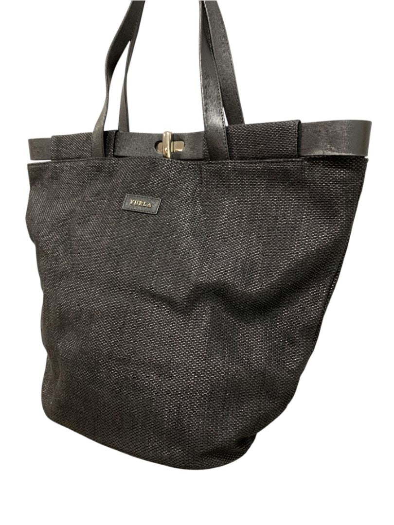 Furla Woven Black Turnlock Bucket Bag Tote Handbag