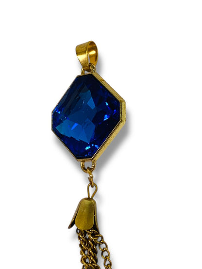 Goldtone and Blue Faceted Glass Tassel Necklace Pendant 5"
