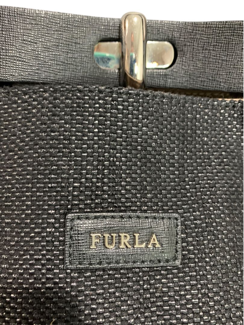 Furla Woven Black Turnlock Bucket Bag Tote Handbag