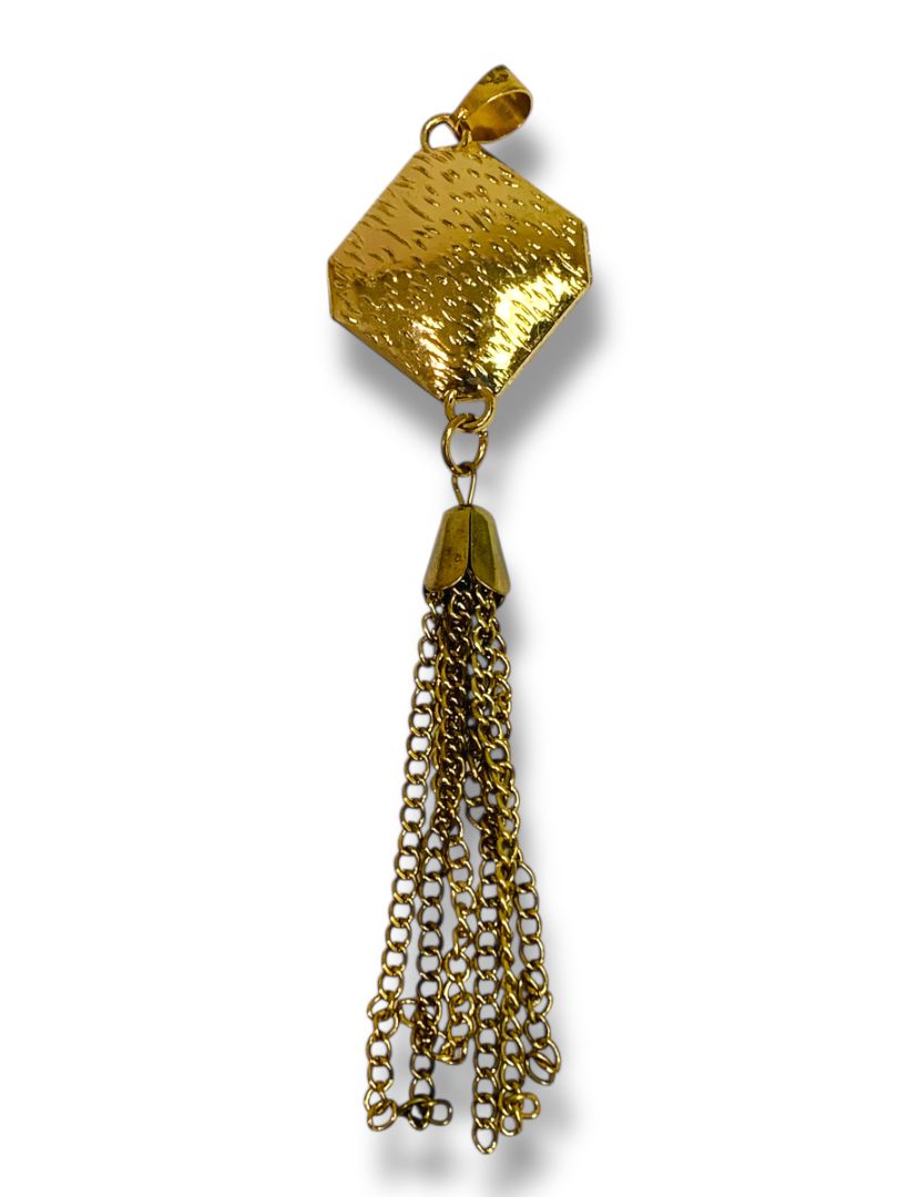 Goldtone and Blue Faceted Glass Tassel Necklace Pendant 5"