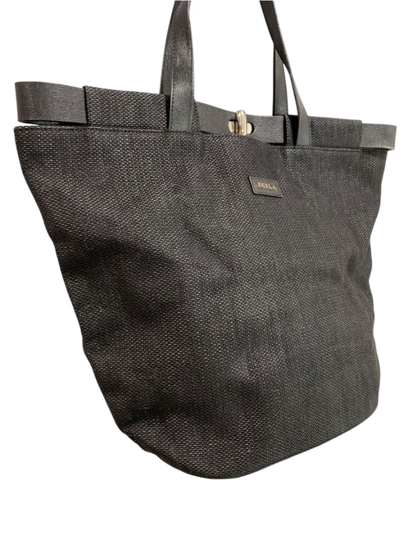Furla Woven Black Turnlock Bucket Bag Tote Handbag