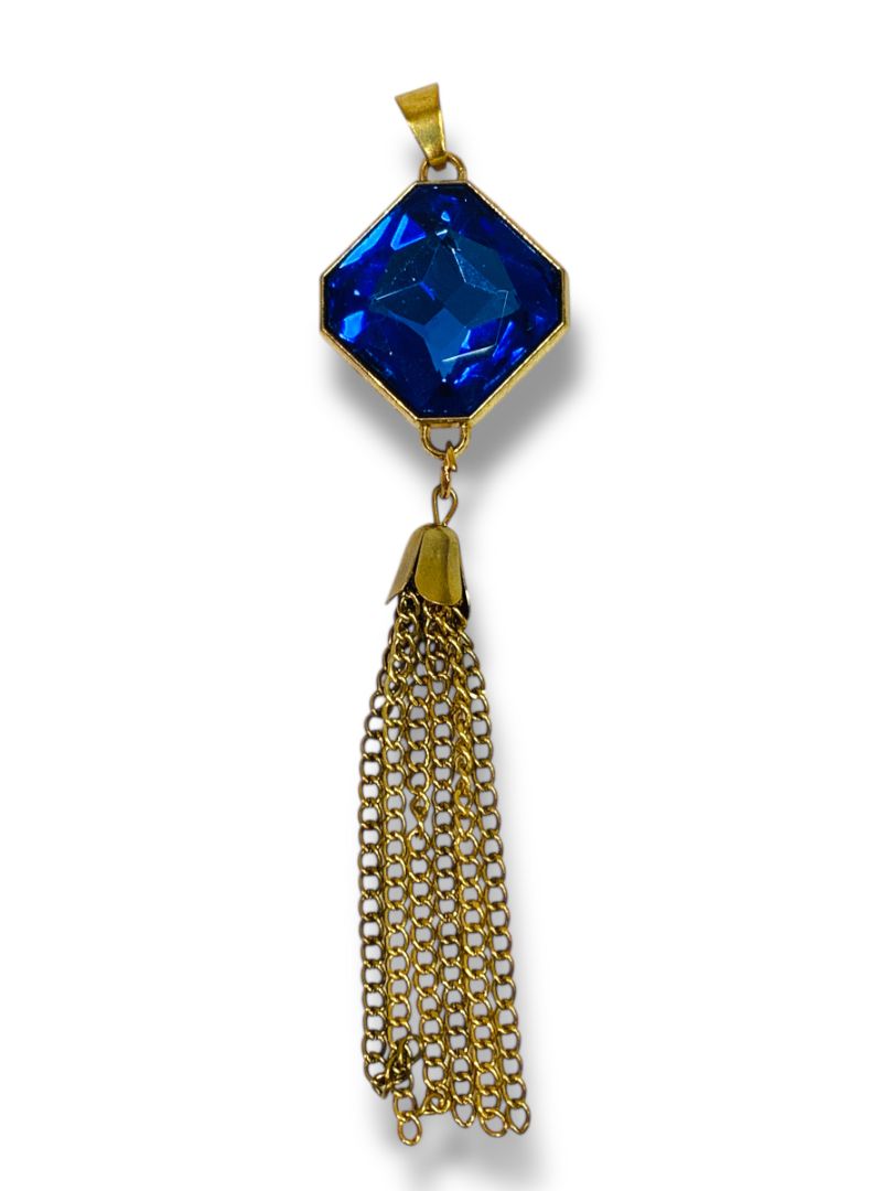 Goldtone and Blue Faceted Glass Tassel Necklace Pendant 5"