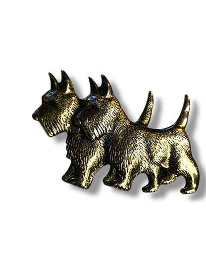 Vintage Brushed Goldtone Twin Scottie Dogs Brooch Pin 1.8"