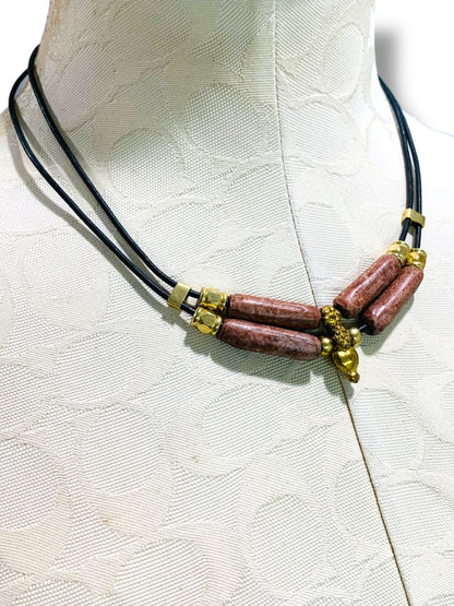 Black Cord Necklace 18" Hook Closure Goldtone Brown Clay Boho