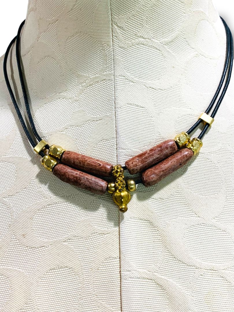 Black Cord Necklace 18" Hook Closure Goldtone Brown Clay Boho
