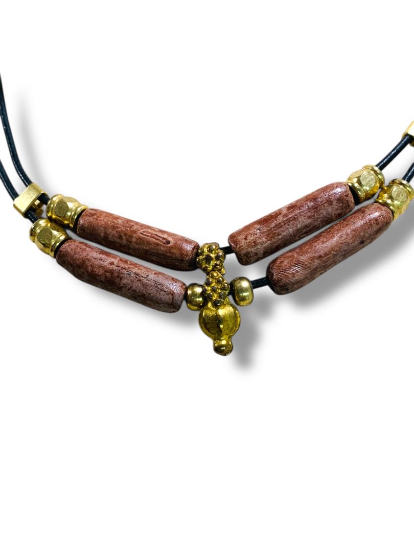 Black Cord Necklace 18" Hook Closure Goldtone Brown Clay Boho
