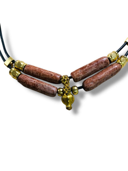 Black Cord Necklace 18" Hook Closure Goldtone Brown Clay Boho
