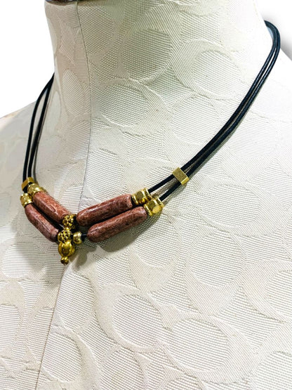 Black Cord Necklace 18" Hook Closure Goldtone Brown Clay Boho