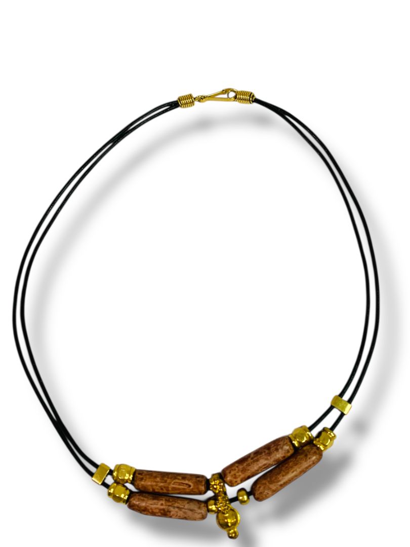 Black Cord Necklace 18" Hook Closure Goldtone Brown Clay Boho