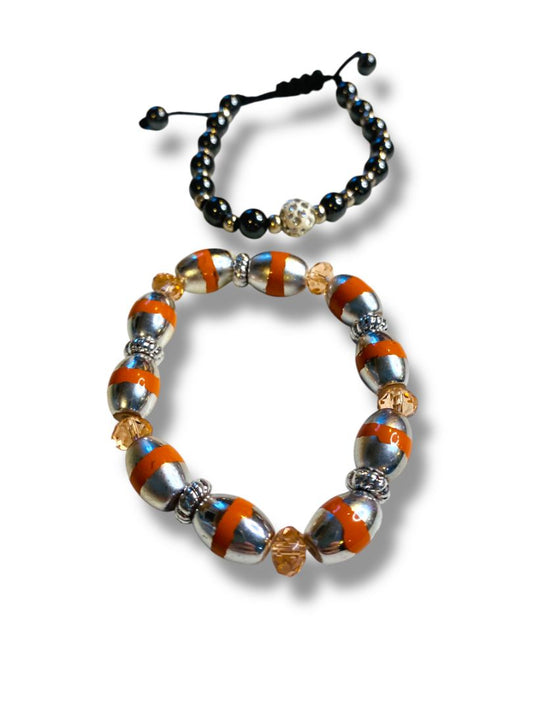 Lot of 2 Bracelets Beaded Stretch Adjustable Silvertone Orange