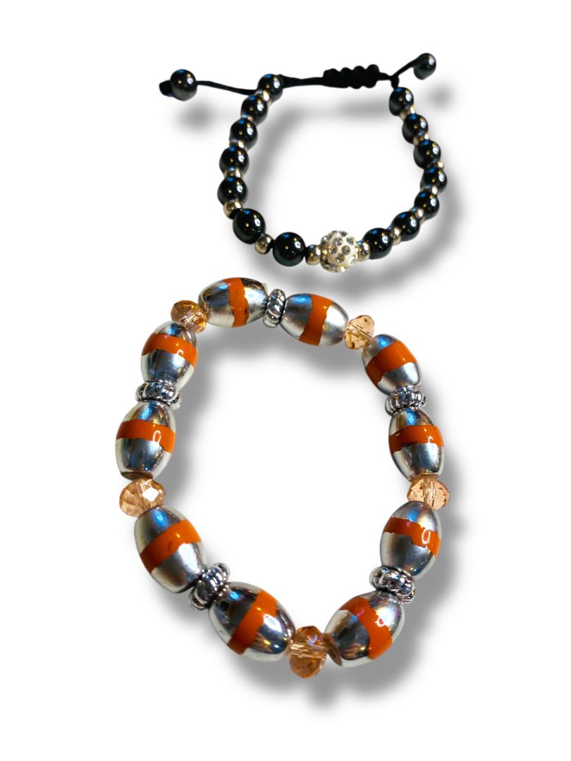 Lot of 2 Bracelets Beaded Stretch Adjustable Silvertone Orange