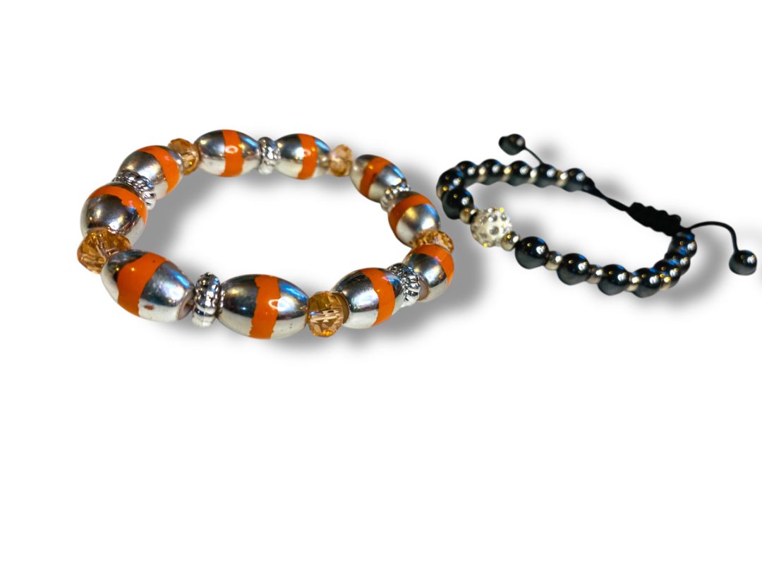 Lot of 2 Bracelets Beaded Stretch Adjustable Silvertone Orange
