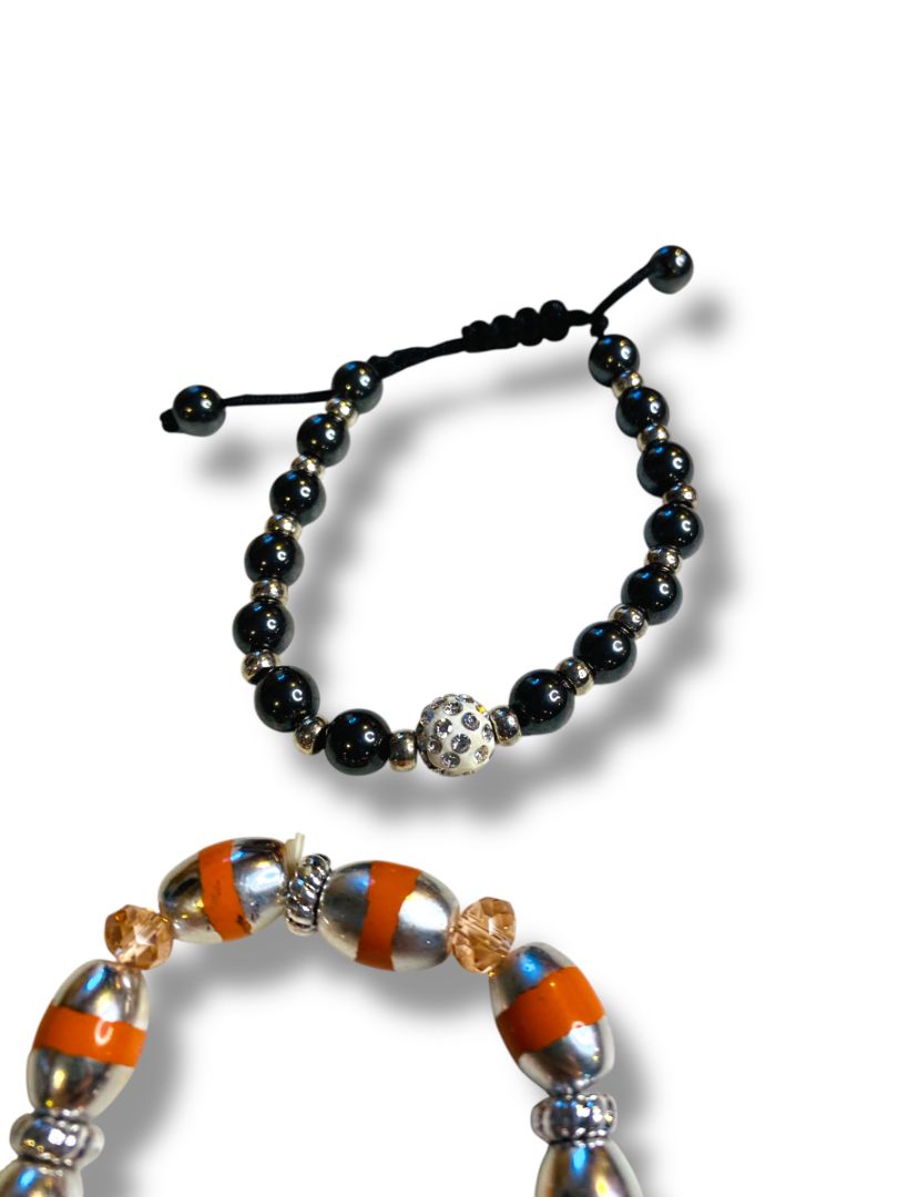 Lot of 2 Bracelets Beaded Stretch Adjustable Silvertone Orange