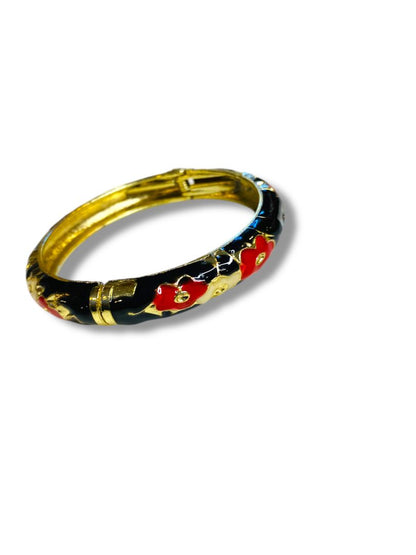 Goldtone Enameled Black Floral Hinged Bangle Bracelet 2.2" Inside Diameter