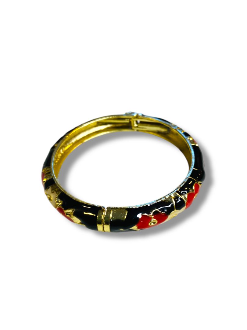 Goldtone Enameled Black Floral Hinged Bangle Bracelet 2.2" Inside Diameter