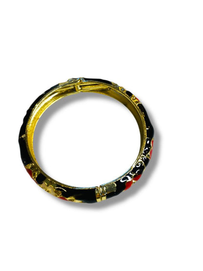 Goldtone Enameled Black Floral Hinged Bangle Bracelet 2.2" Inside Diameter
