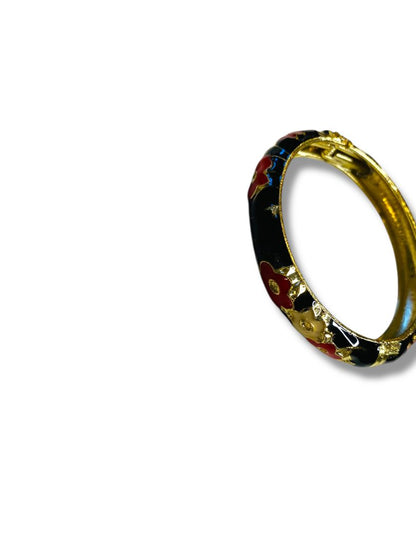 Goldtone Enameled Black Floral Hinged Bangle Bracelet 2.2" Inside Diameter