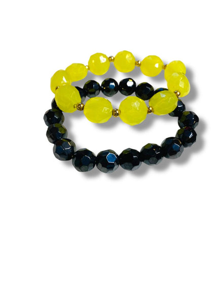 Chartreuse Black Lot of 2 Acrylic Stretch Bracelets Faceted Beads