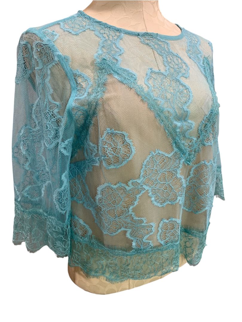 Medium by Anthropologie Womens Blue Lace Illusion Sheer Shirt