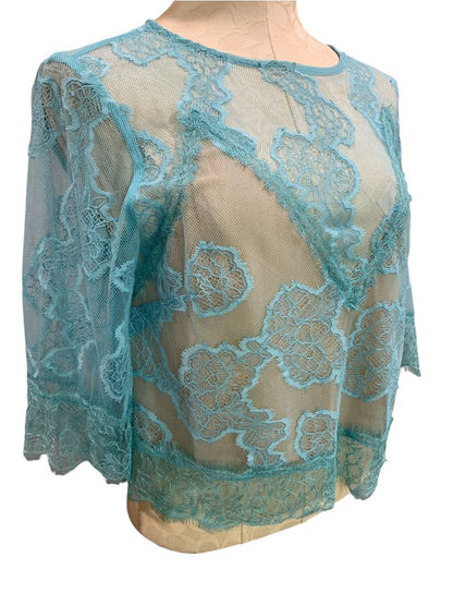 Medium by Anthropologie Womens Blue Lace Illusion Sheer Shirt