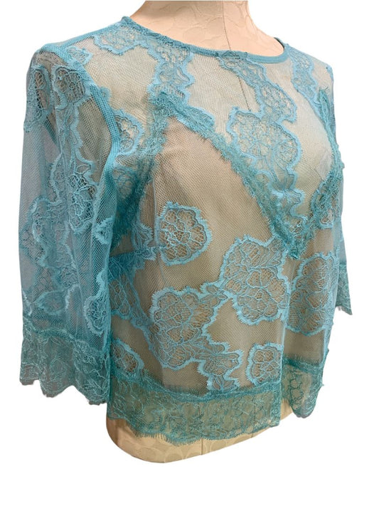 Medium by Anthropologie Womens Blue Lace Illusion Sheer Shirt
