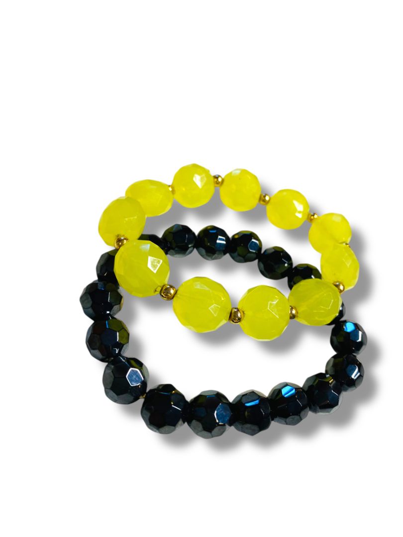 Chartreuse Black Lot of 2 Acrylic Stretch Bracelets Faceted Beads