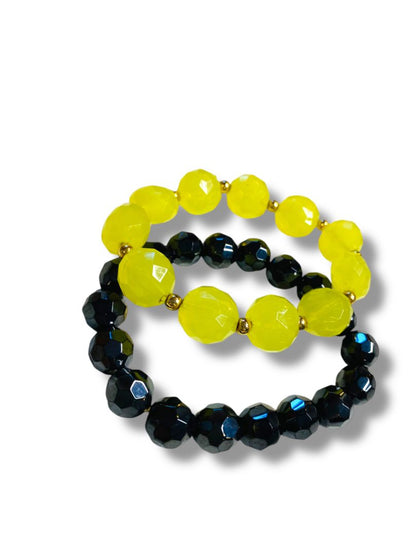 Chartreuse Black Lot of 2 Acrylic Stretch Bracelets Faceted Beads