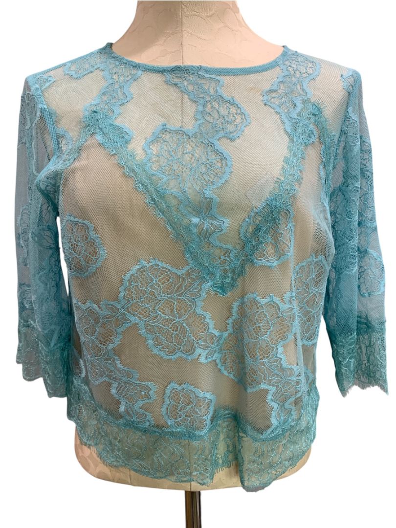 Medium by Anthropologie Womens Blue Lace Illusion Sheer Shirt