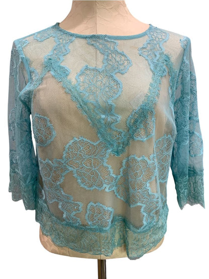 Medium by Anthropologie Womens Blue Lace Illusion Sheer Shirt
