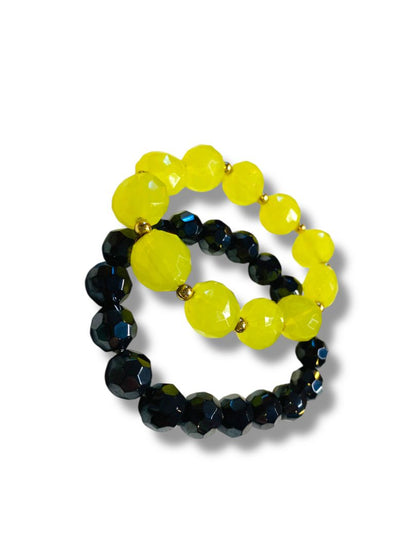 Chartreuse Black Lot of 2 Acrylic Stretch Bracelets Faceted Beads