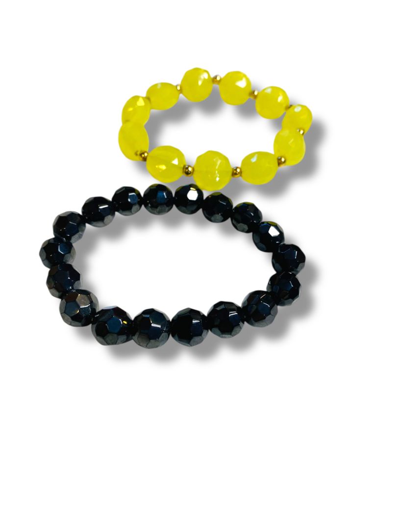 Chartreuse Black Lot of 2 Acrylic Stretch Bracelets Faceted Beads