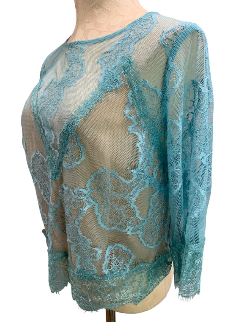 Medium by Anthropologie Womens Blue Lace Illusion Sheer Shirt
