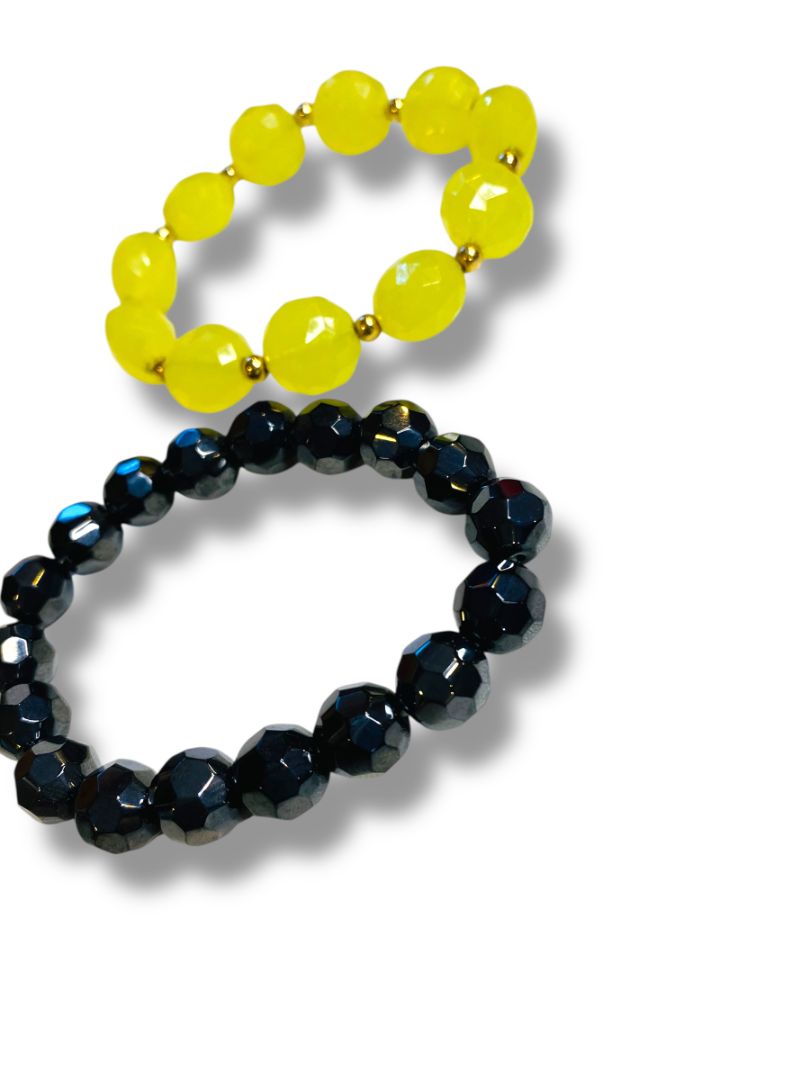 Chartreuse Black Lot of 2 Acrylic Stretch Bracelets Faceted Beads