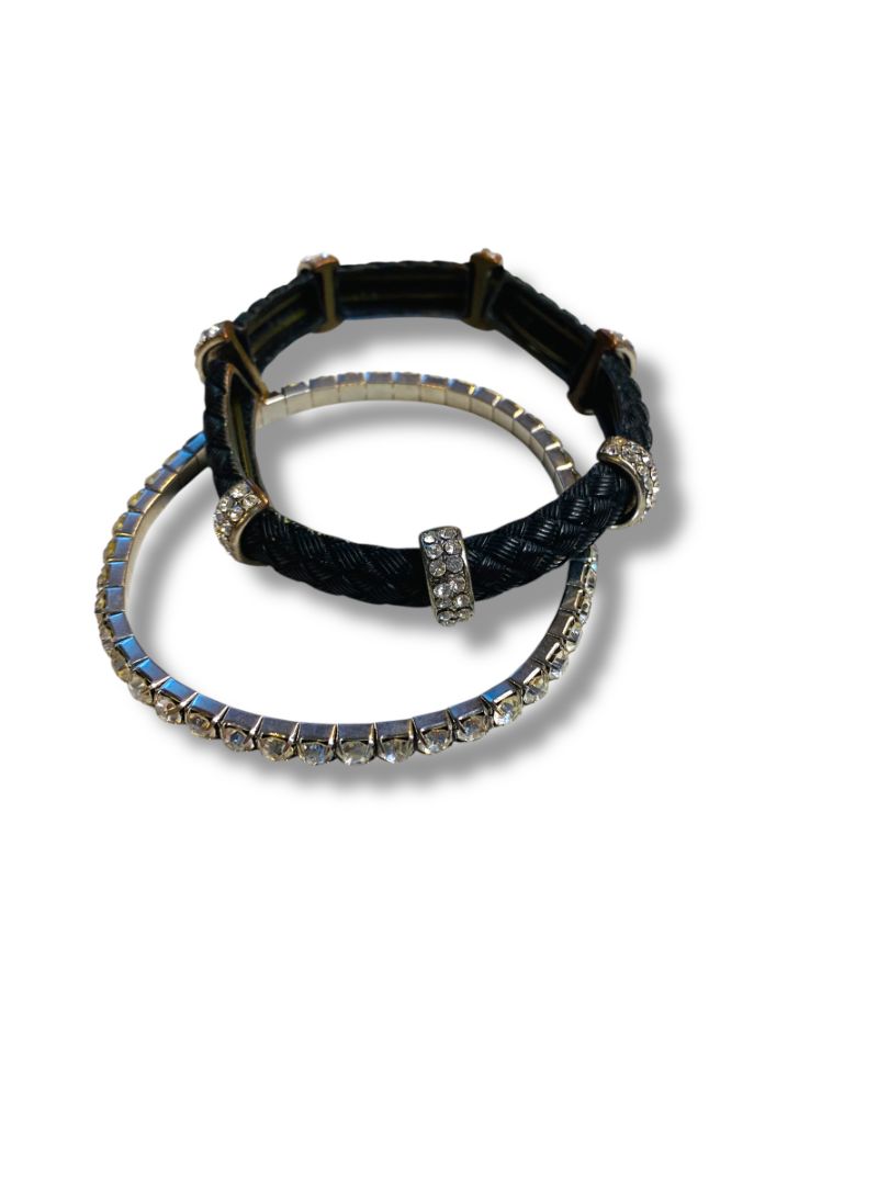 Lot of 2 Stretch Bracelets Rhinestone Faux Leather