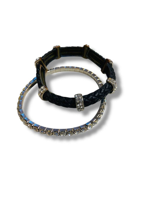 Lot of 2 Stretch Bracelets Rhinestone Faux Leather