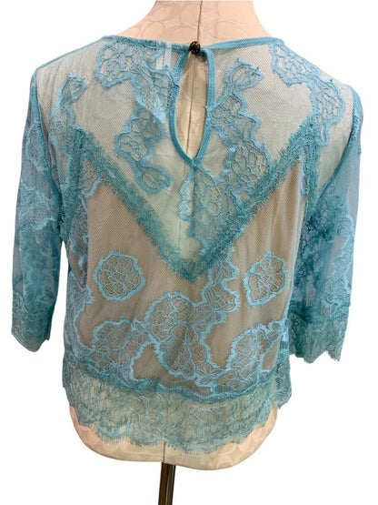 Medium by Anthropologie Womens Blue Lace Illusion Sheer Shirt