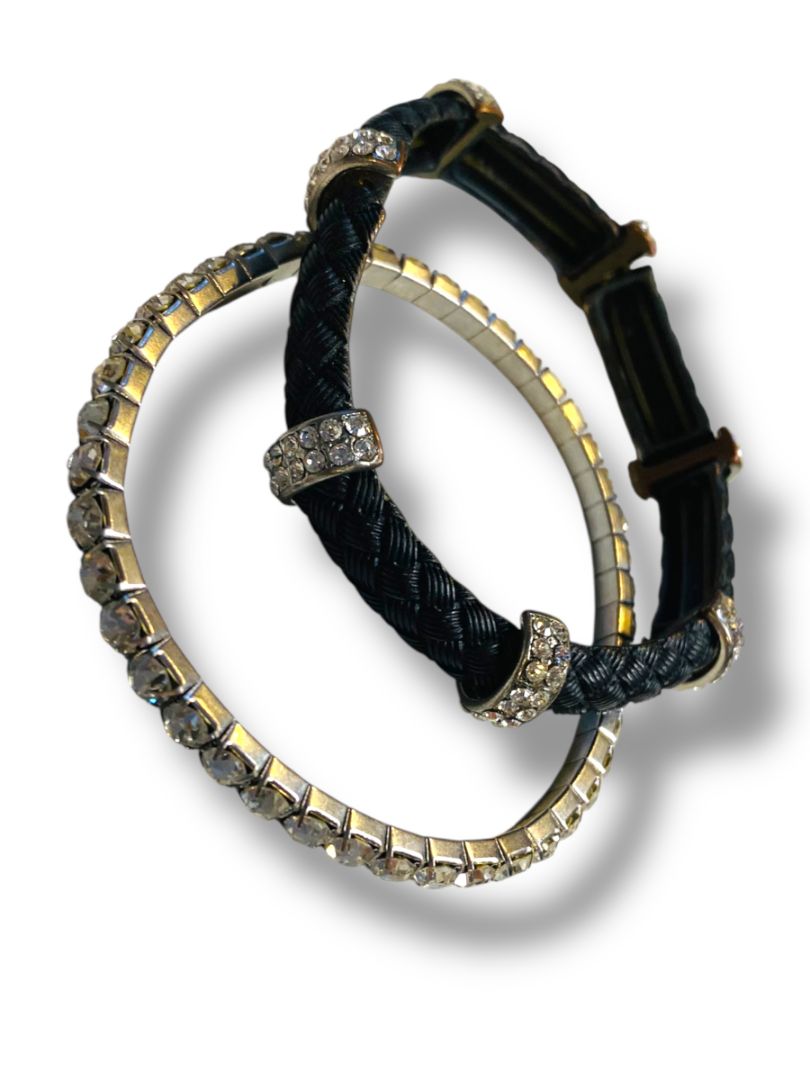Lot of 2 Stretch Bracelets Rhinestone Faux Leather