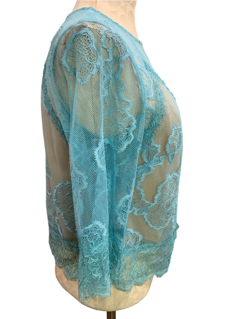 Medium by Anthropologie Womens Blue Lace Illusion Sheer Shirt