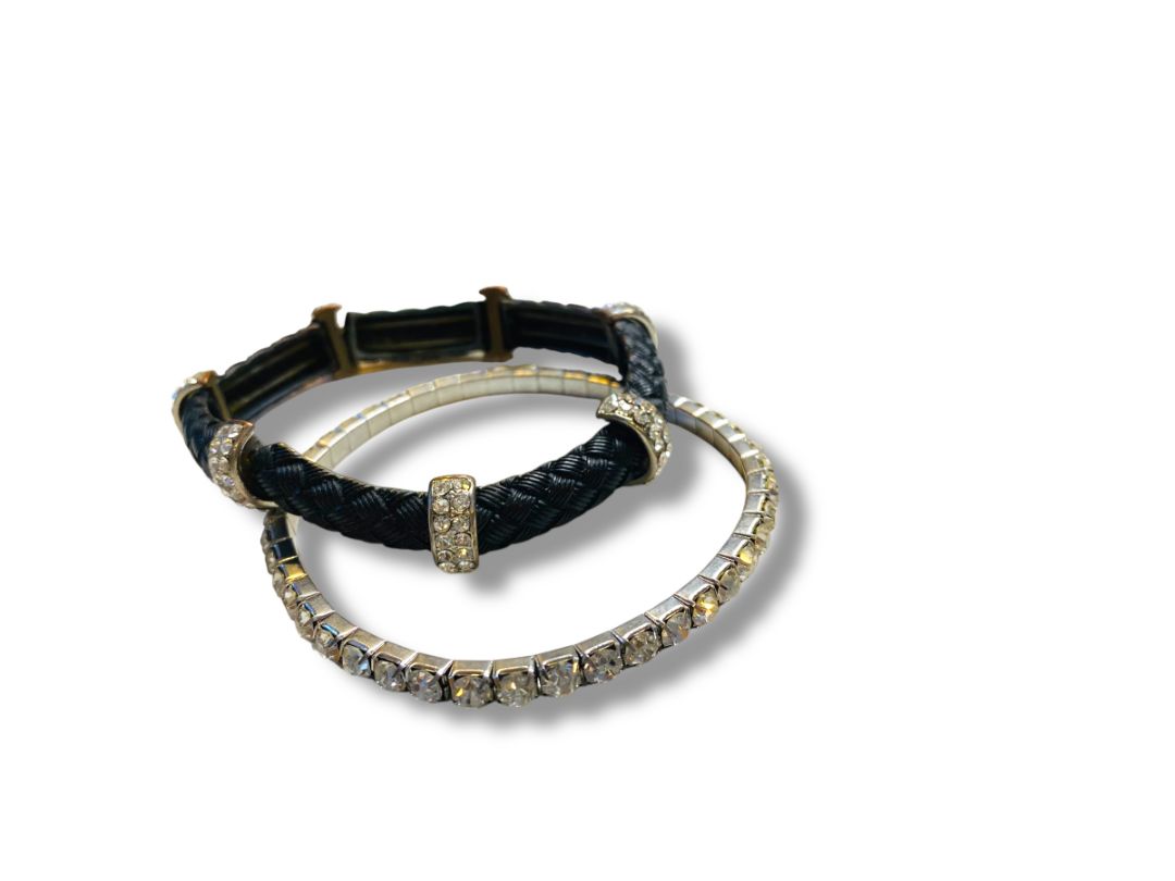 Lot of 2 Stretch Bracelets Rhinestone Faux Leather