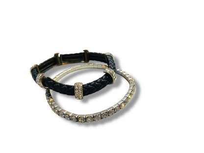 Lot of 2 Stretch Bracelets Rhinestone Faux Leather
