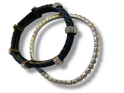 Lot of 2 Stretch Bracelets Rhinestone Faux Leather
