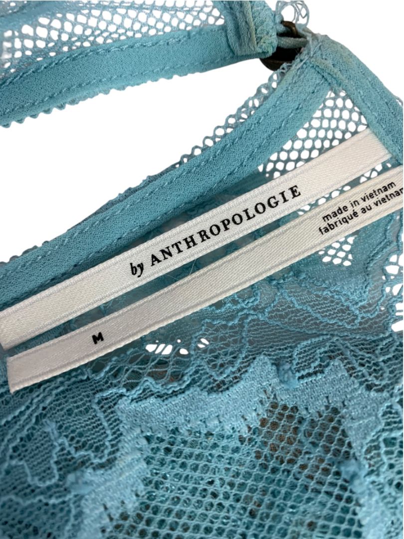 Medium by Anthropologie Womens Blue Lace Illusion Sheer Shirt