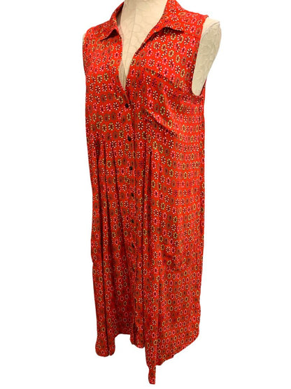 Size 14 Maeve by Anthropologie Red Floral Button Up Midi Dress Pockets