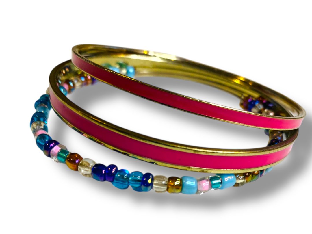 Lot of 3 Bangle Bracelets Hot Pink Enameled Beaded Silvertone 2.7" Inside Diameter
