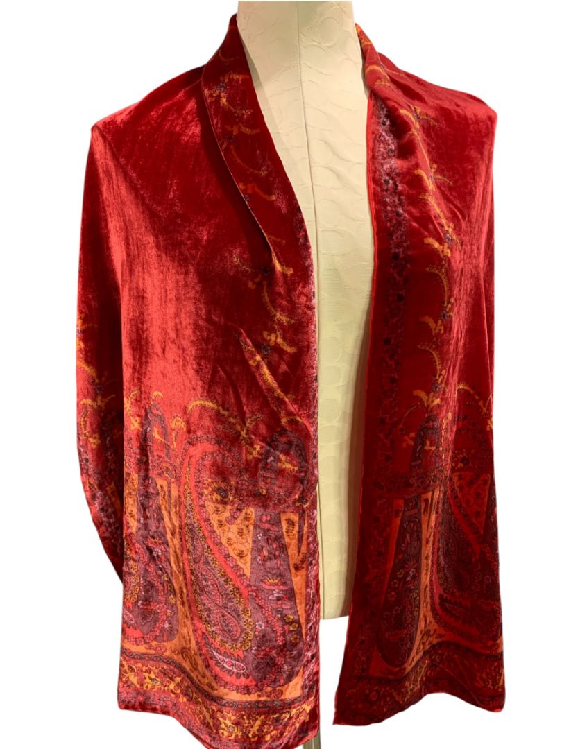Red Orange Velvet Double Faced Scarf Dressy 15" x 64" Subtle Paisley