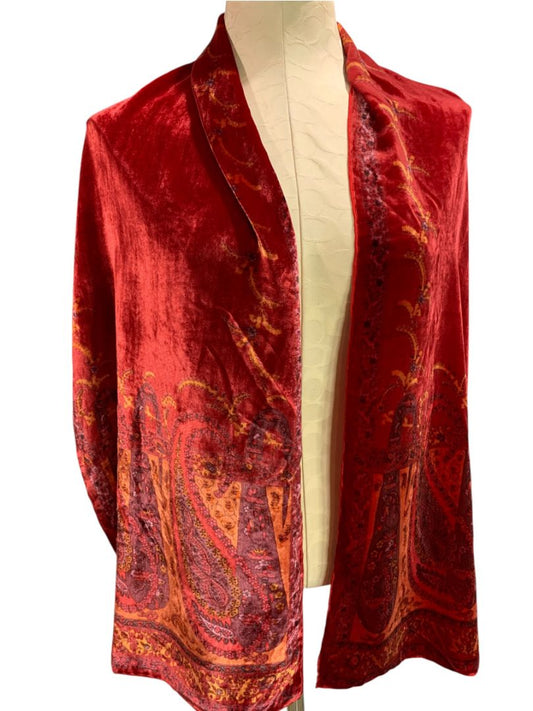 Red Orange Velvet Double Faced Scarf Dressy 15" x 64" Subtle Paisley