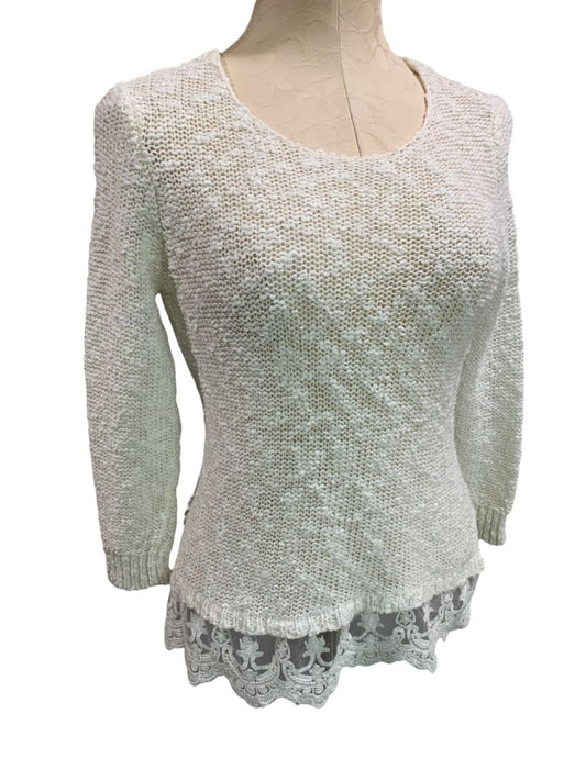 Small Cato Womens White Loose Knit Sweater Lace Flounce Hem