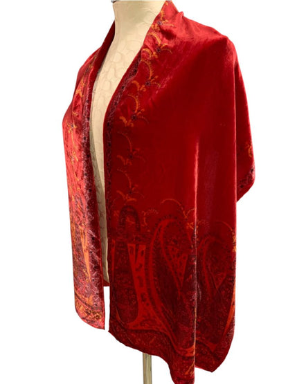 Red Orange Velvet Double Faced Scarf Dressy 15" x 64" Subtle Paisley