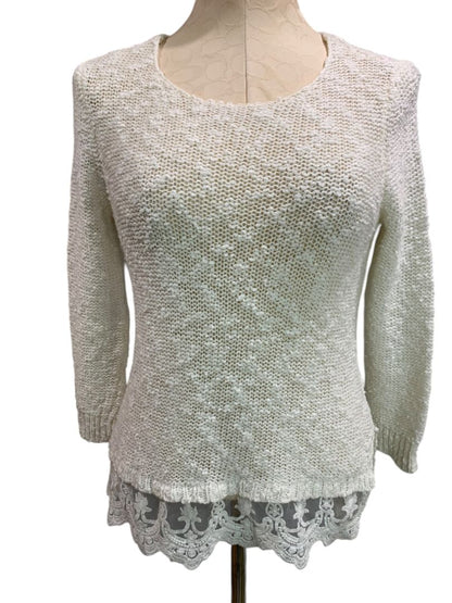 Small Cato Womens White Loose Knit Sweater Lace Flounce Hem