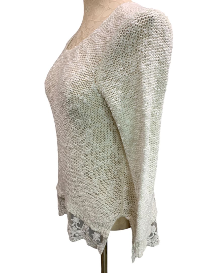 Small Cato Womens White Loose Knit Sweater Lace Flounce Hem
